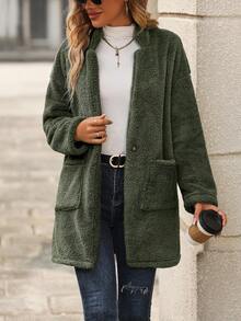 SHEIN Clasi Dual Pocket Drop Shoulder Teddy Coat - Army Green - View 4