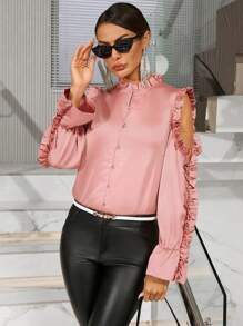 GENKIRA Của phụ nữ Off-shoulder Tay áo dài Áo sơ mi Với Xếp nếp Hem - Hồng - Xem 5