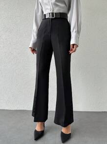 EURMUSE Flare Leg Suit Pants With Slant Pockets, Belt Not Included - Black - View 4