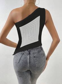 Allurite Color-Blocked Rib Knitted One Shoulder Top - Multicolor - View 2