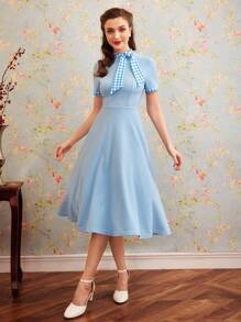SHEIN DECDS Vintage Elegant New Year Women's Plaid Splicing Short Sleeve Dress With Bow Tie Collar And Umbrella Hem - Blue - View 3