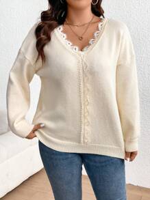 SHEIN Frenchy 大尺碼女裝蕾絲拼接下垂肩領插肩毛衣 - 米色 - 查看 4