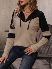 EMERY ROSE 连帽撞色休闲长袖T恤印花女式上衣，适合春秋季穿着 - 卡其色 - 查看 6