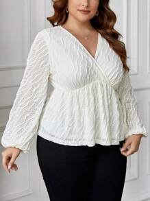 SHEIN Clasi Plus Size Wrap Neckline Textured Top With Lantern Sleeve - Beige - View 5