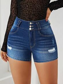 Women'S Ripped Denim Shorts - Dark Wash - View 1