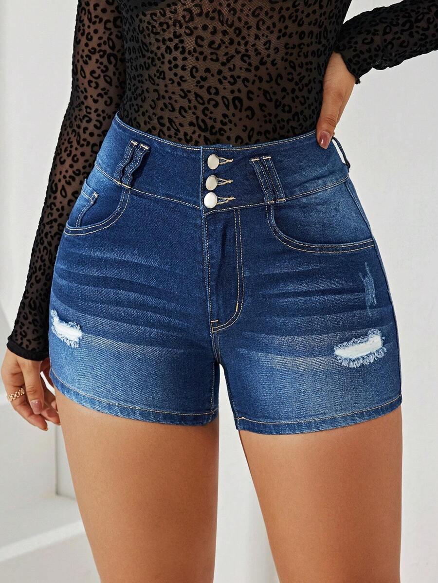 Women'S Ripped Denim Shorts - Dark Wash - View 1