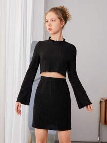 少女鈴提袖t恤配裙子兩件套 - 黑色 - 查看 4