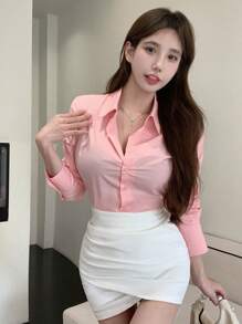 DAZY Camisa Sólida De Manga Larga Y Cintura