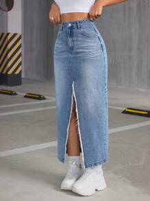SHEIN ICON Denim High Slit Skirt With Frayed Hem - Medium Wash - View 4