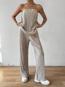 SHEIN Essnce 無肩帶短上衣和褲子套裝 - 卡其色 - 查看 4