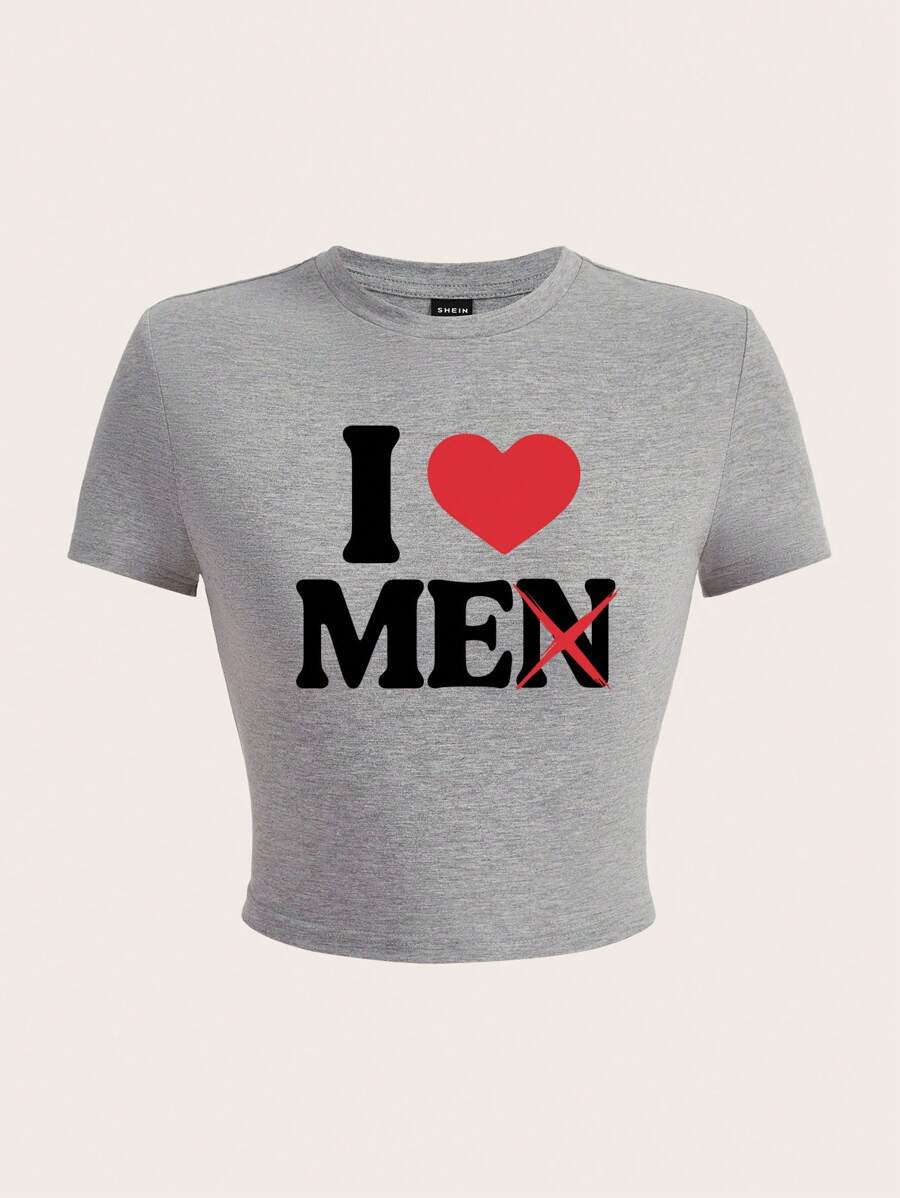 SHEIN EZwear 情人節心形標語印花修身女T卹，圓領，適用於夏季 - 淺灰色 - 查看 1