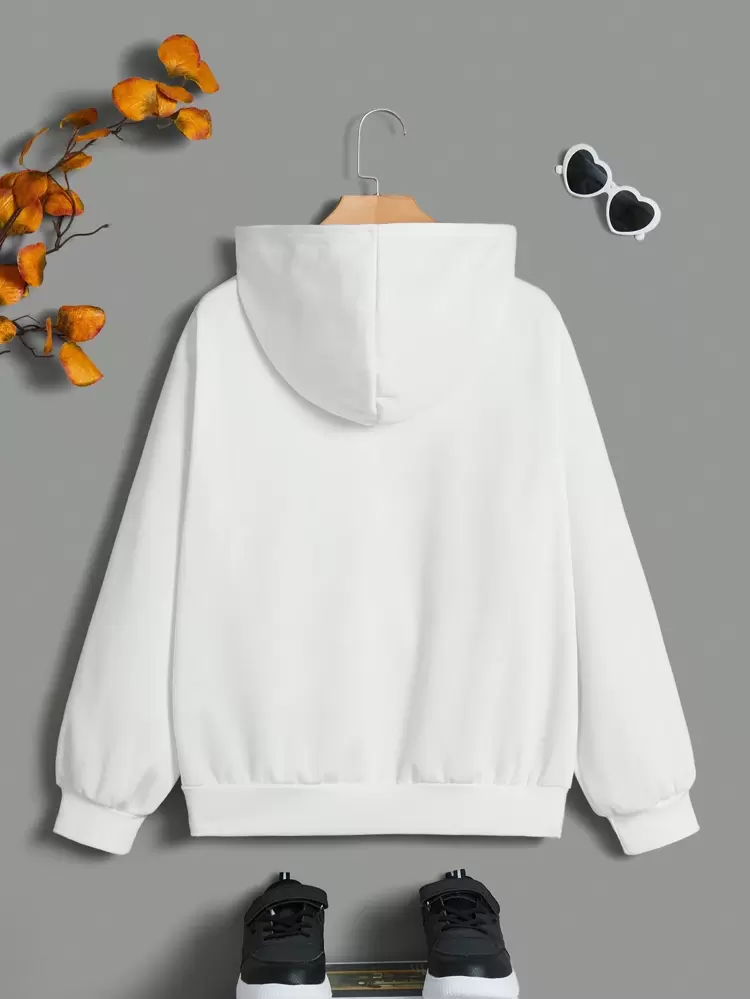 Teen Girls' Hooded Pullover Sweatshirt With Girl Portrait And Slogan Print, Thermal Lined