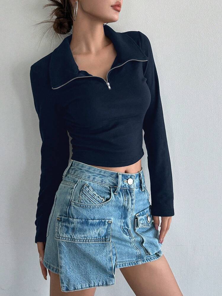 Solid Half Zip Crop Tee Long Sleeve Women Tops