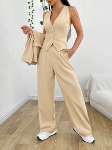 SHEIN EZwear 女款 V 領背心與米色西裝套裝 - 杏色 - 查看 6