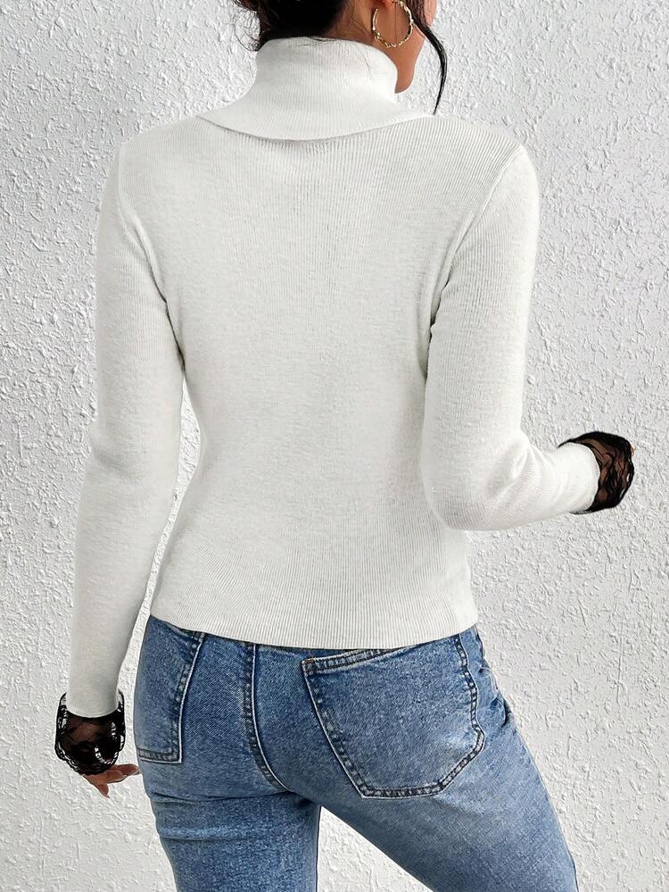 High Neck Lace Cuff Long Sleeve Knit Pullover Fall Winter Sweater