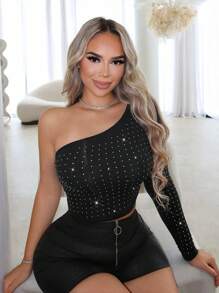 SHEIN SXY Spring Women Clothes Glow In The Dark  One Shoulder Rhinestone Tight Long Sleeve Women's Top