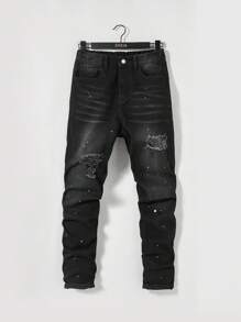 SHEIN 男孩仿舊破洞油漆潑牛仔褲 - 黑色 - 查看 1