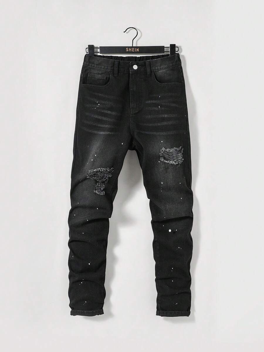 SHEIN Teen Boys' Distressed Ripped And Paint Splattered Denim Jeans