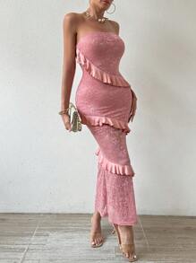 Zolique Vestido Sin Tirantes De Encaje Con Ribete De Volantes - Rosa - Ver 5