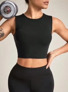 Easithlete Solid Color Slim Fit Crop Top Sports Top - Black - View 5