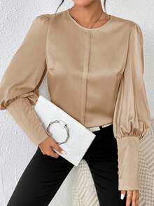 SHEIN Clasi Chất rắn Tay áo Đèn lồng Xa ten Áo sơ mi - Rượu sâm banh - Xem 5