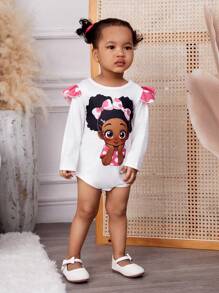 嬰兒女孩卡通與波點印花連身衣和褲裝套裝 - 粉色 - 查看 3