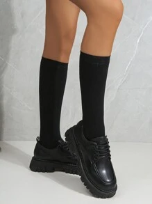 ROMWE Goth Women's 2024 Spring/Autumn New Arrival Round Toe Korean Style Classic Casual Mary Jane Thick Platform Black Leather Shoes - Black - View 3