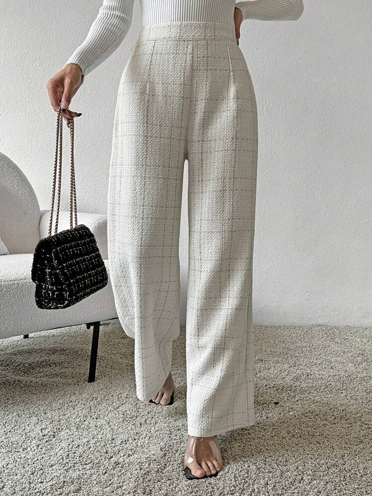 Chiquease Pantalones de pierna ancha a cuadros para mujer - Blanco - Añade 6
