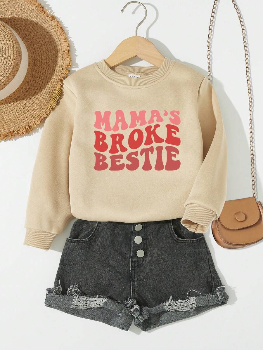 SHEIN Young Girl 1 Piece Of Fun Slogan Printed Sweatshirt For Autumn And Winter - Apricot - View 1