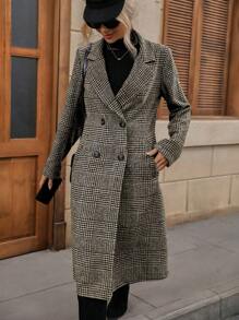 SHEIN LUNE Lapel Collar Double Breasted Plaid Overcoat - Coffee Brown - View 6