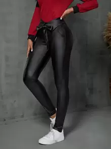 女式时尚纯色修身束带裤 - 黑色 - 查看 1