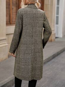 SHEIN LUNE Lapel Collar Double Breasted Plaid Overcoat - Coffee Brown - View 2