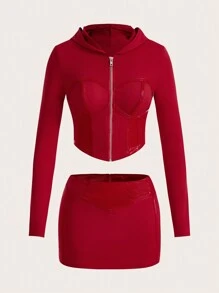 SHEIN ICON Slim Fit Hooded T-Shirt And Skirt Set - Burgundy - View 1