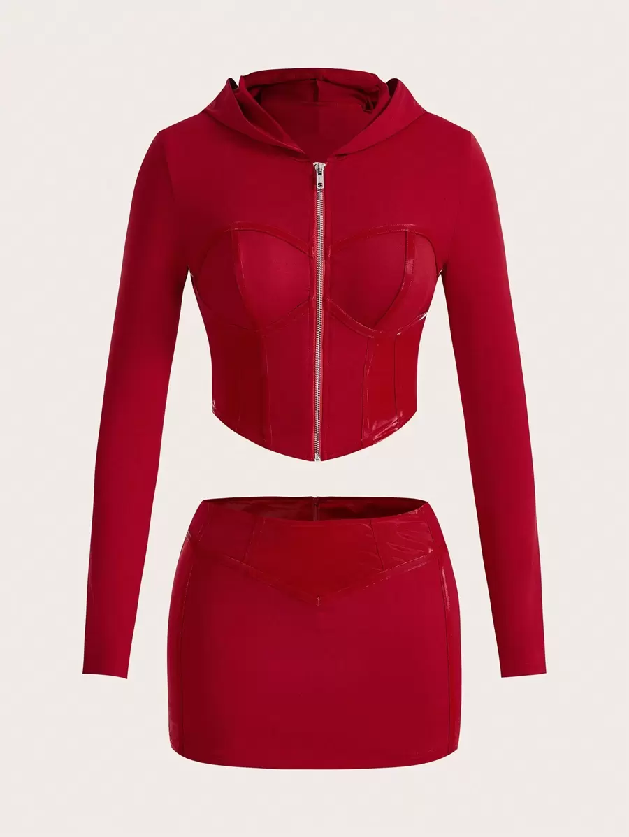 SHEIN ICON Slim Fit Hooded T-Shirt And Skirt Set - Burgundy - View 1