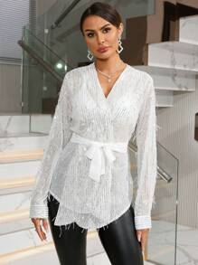 Aveloria 閃亮綁帶長袖衫 - 杏色 - 查看 4