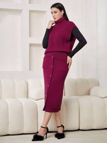 Modelyn Solid Turtleneck Sweater Vest And Knitted Skirt Two-Piece Set 2 Piece Set - Hot Pink - View 6