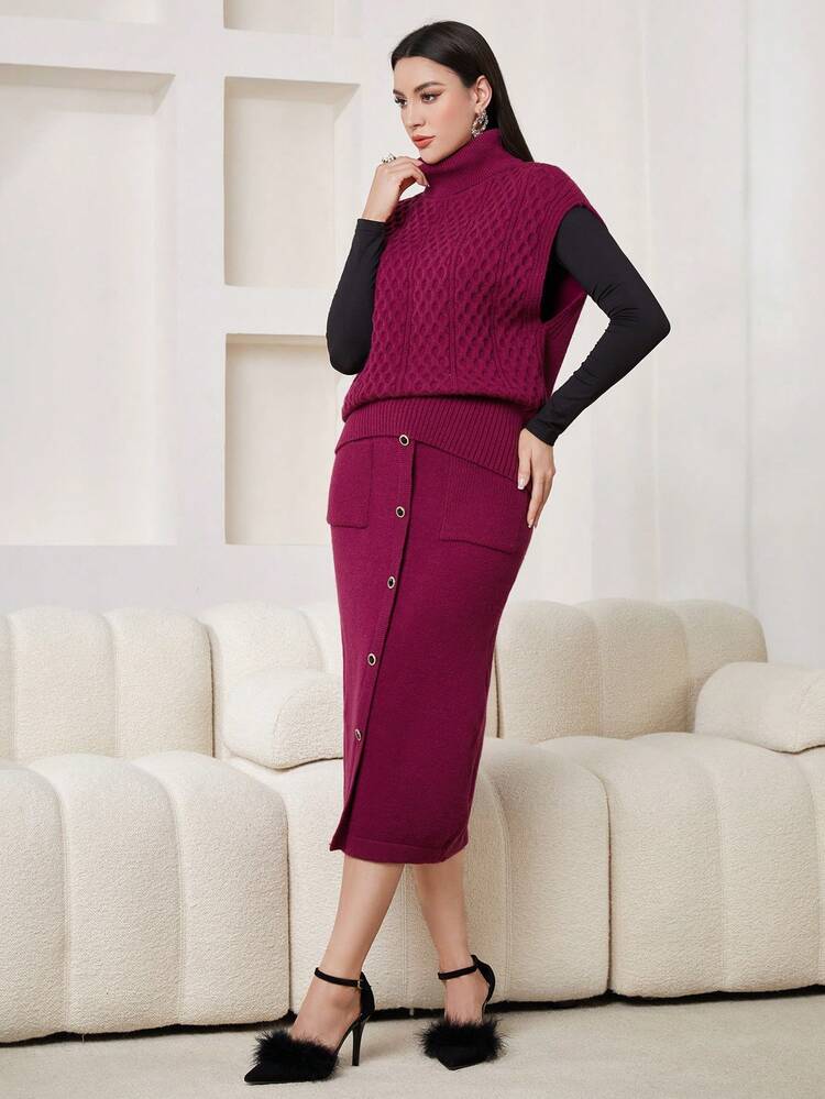 Solid Turtleneck Sweater Vest And Knitted Skirt Two-Piece Set 2 Piece Set