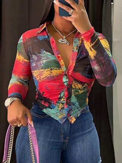 Slaydiva Allover Print Button Front Shirt