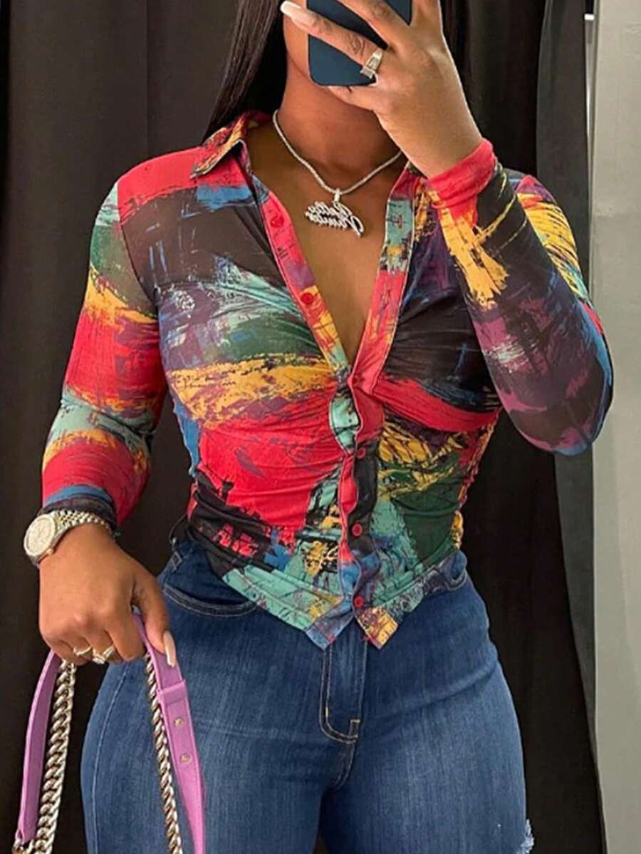 Slaydiva Allover Print Button Front Shirt - Multicolor - View 1