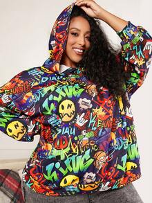 SHEIN CURVE+ 圣诞节加大码字母卡通图案落肩卫衣 - 彩色 - 查看 3