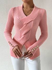 SHEIN Privé 女士純色扭結紐扣細節毛衣 - 粉色 - 查看 1