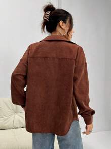 SHEIN Unity 女式灰咖啡色格紋緞條襯衫領夾克 - 棕色 - 查看 2