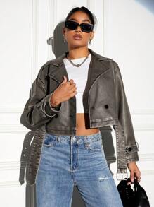 GENKIRA Pu皮革長袖女夾克 - 灰色 - 查看 4