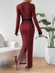 SHEIN Privé Houndstooth Pattern Long Sleeve Dress - Red - View 2