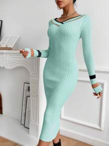 SHEIN Essnce Solid V-Neck Long Sleeve Sweater Dress - Mint Green - View 5