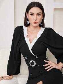 Modelyn Lantern Sleeve Buttoned Bodycon Dress Long Evening Dresses - Black - View 6