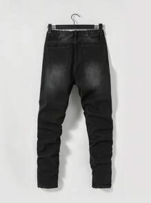 SHEIN 男孩仿舊破洞油漆潑牛仔褲 - 黑色 - 查看 2