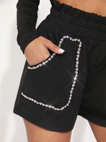 Hauture Elastic Waist Rhinestone Trim Front Pocket Shorts - Black - View 5