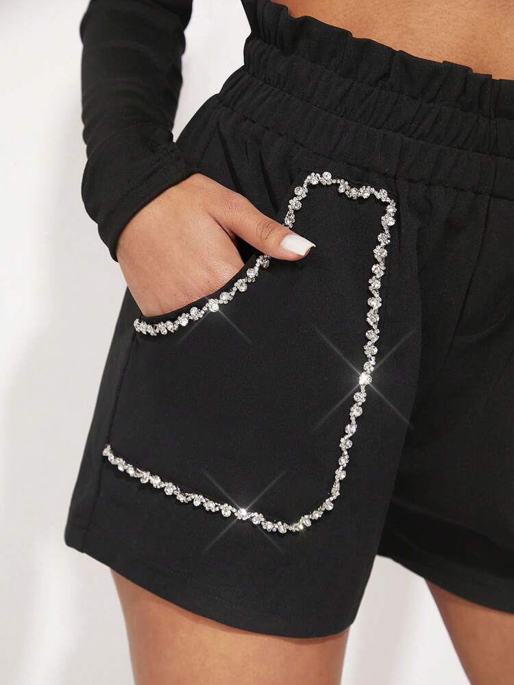 Elastic Waist Rhinestone Trim Front Pocket Shorts