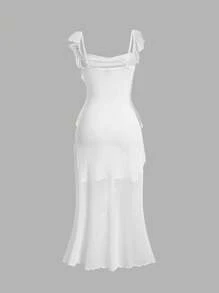 SHEIN MOD 女士拼接網眼分層下擺裝飾褶襉緊身連身裙,水鑽紐扣 - 白色 - 查看 2